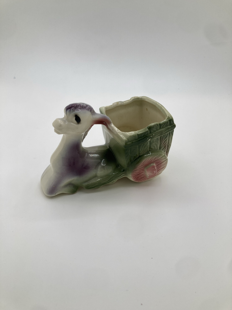 Vintage Donkey & Cart Planter – Ceramic Pastel Animal Planter Japan 1950s